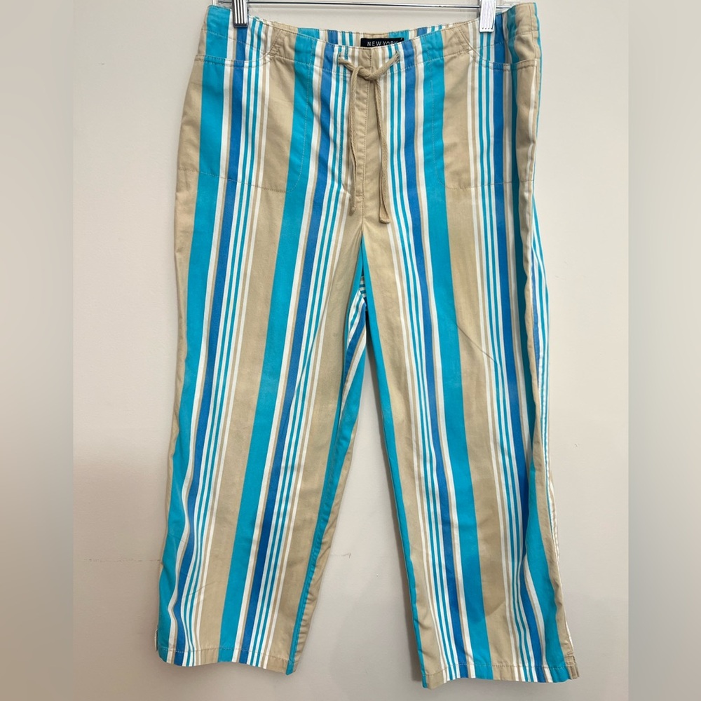 New York & Co Striped Turquoise and Tan Drawstring Pants Size 10